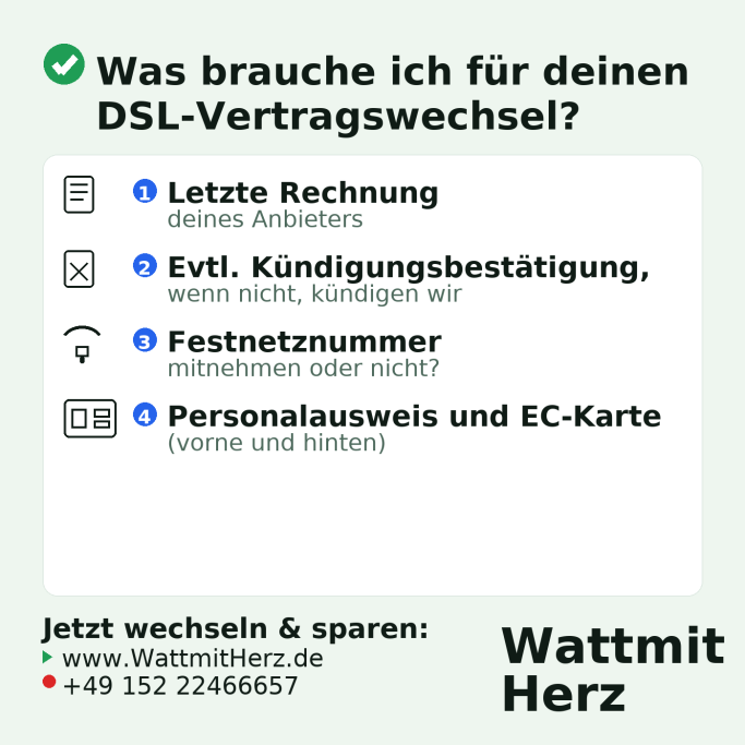 Infografik „DSL-Vertragswechsel“: 1) letzte Rechnung, 2) ggf. Kündigungsbestätigung, 3) Festnetznummer mitnehmen ja/nein, 4) Perso & EC-Kart