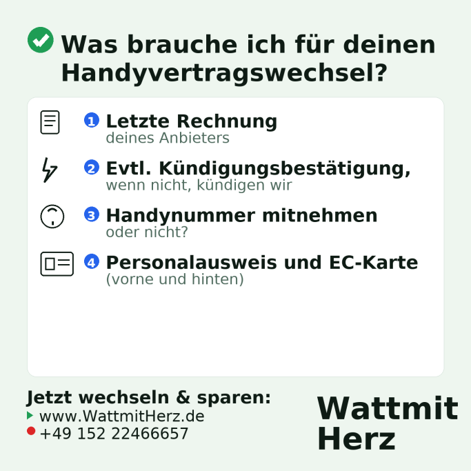 Infografik „Handyvertrag wechseln“: 1) letzte Rechnung, 2) ggf. Kündigungsbestätigung (sonst übernehmen wir), 3) Rufnummer mitnehmen ja/nein